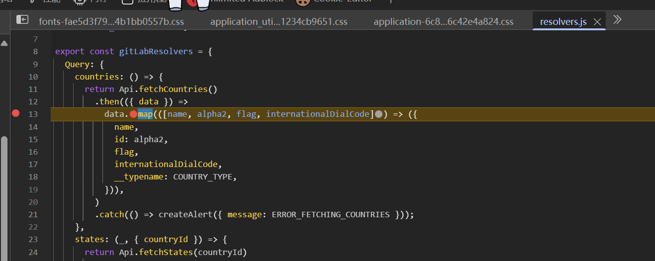 在请求结束的位置打上断点拦截后续操作